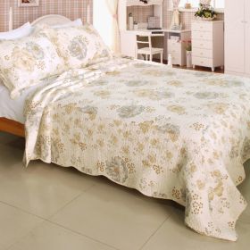 [Floral Dream] Cotton 3PC Vermicelli-Quilted Printed Quilt Set (Full/Queen Size) - QTS-WB8039-23