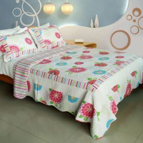 [Pink Fairy Tale] 100% Cotton 3PC Vermicelli-Quilted Patchwork Quilt Set (Full/Queen Size) - QTS-WB8001-23