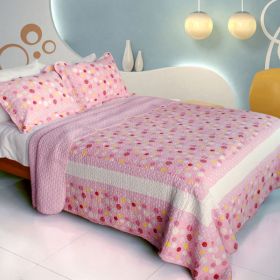 [Candy Pink] 100% Cotton 3PC Vermicelli-Quilted Patchwork Quilt Set (Full/Queen Size) - QTS-WB8036-23