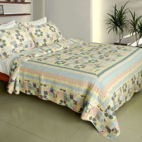 [Halcyon Harmony] 100% Cotton 3PC Vermicelli-Quilted Patchwork Quilt Set (Full/Queen Size) - QTS-WB8037-23