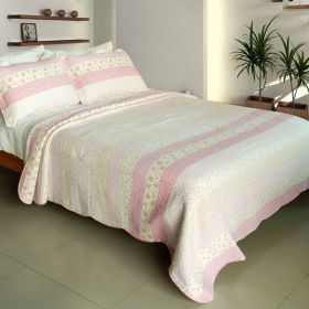 [Crystal Soul] 100% Cotton 3PC Vermicelli-Quilted Patchwork Quilt Set (Full/Queen Size) - QTS-WB8019-23