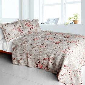 [Glam Princess] Cotton 3PC Vermicelli-Quilted Floral Printed Quilt Set (Full/Queen Size) - QTS-DO312-23