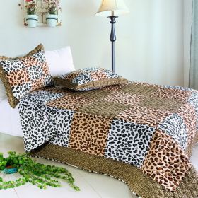 [Leopard Pattern] Cotton 3PC Vermicelli-Quilted Patchwork Quilt Set (Full/Queen Size) - ONITIVA-QTS01026-23