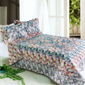 [Flower Waltz] Cotton 3PC Foral Vermicelli-Quilted Patchwork Quilt Set (Full/Queen Size) - ONITIVA-QTS01024-23