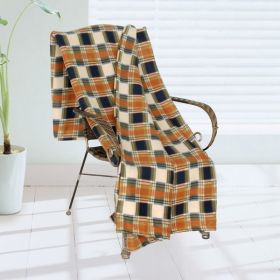 [Trendy Plaids - Deep Blue/Cream/Orange] Soft Coral Fleece Throw Blanket (71 by 79 inches) - TB-BLK062