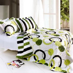 [Artistic Green] Cotton 3PC Vermicelli-Quilted Circle Printed Quilt Set (Full/Queen Size) - ONITIVA-QTS01005-23