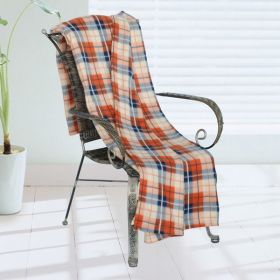 [Trendy Plaids - Blue/Cream/Orange] Soft Coral Fleece Throw Blanket (71 by 79 inches) - BLK-KRY009