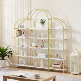 74.8 Inch 5 Tiers Office Bookcase Bookshelf, Display Shelf with Round Top, X Bar Gold Frame - Golden+White