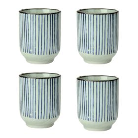 4Pcs Japanese Style Blue Stripe Ceramic Teacups Small Straight Wine Glass 150ML - Default