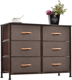 Dresser Closet with 6 Drawers; Storage Tower Unit for Bedroom; Hallway; Closet; Office Organization; Wood Top; Easy Pull Fabric Bins - Brown